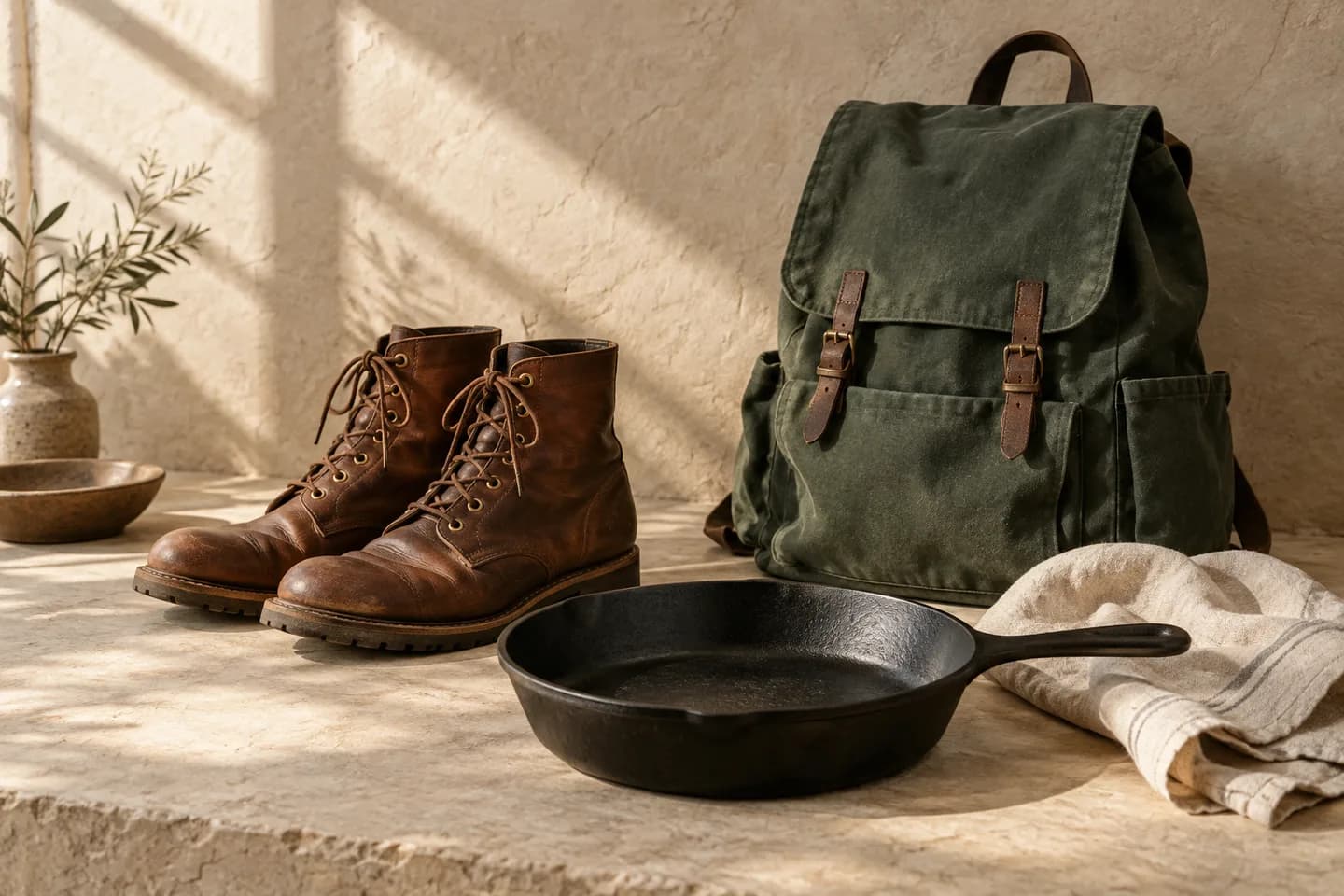 Editorial illustration of leather boots, a canvas backpack, cast iron cookware, and linen