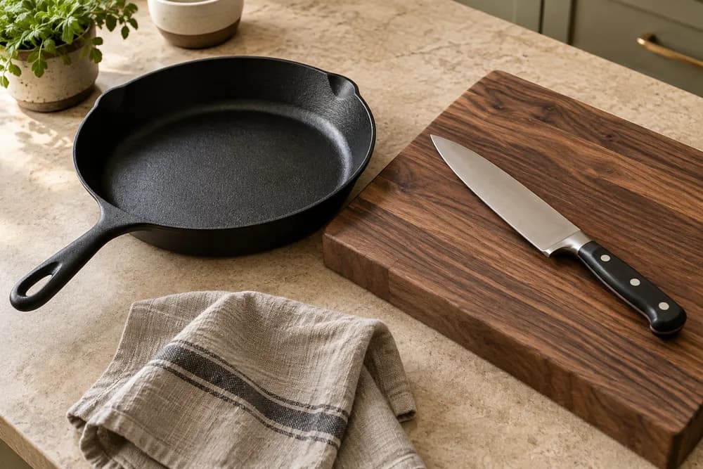 Illustrative kitchen still life with cookware and a chef knife